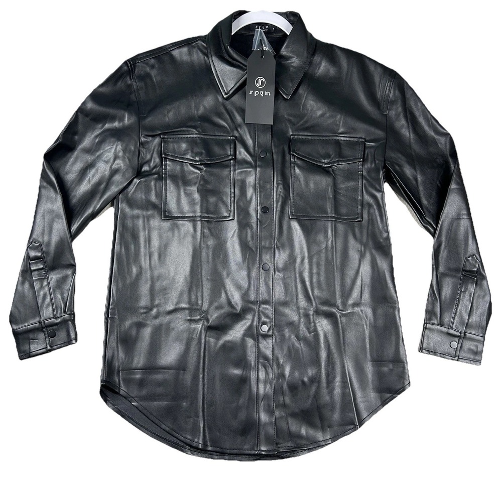 Spym Faux Leather Shirt Womens 8 Snap Shacket Soft Lined Vegan Black
